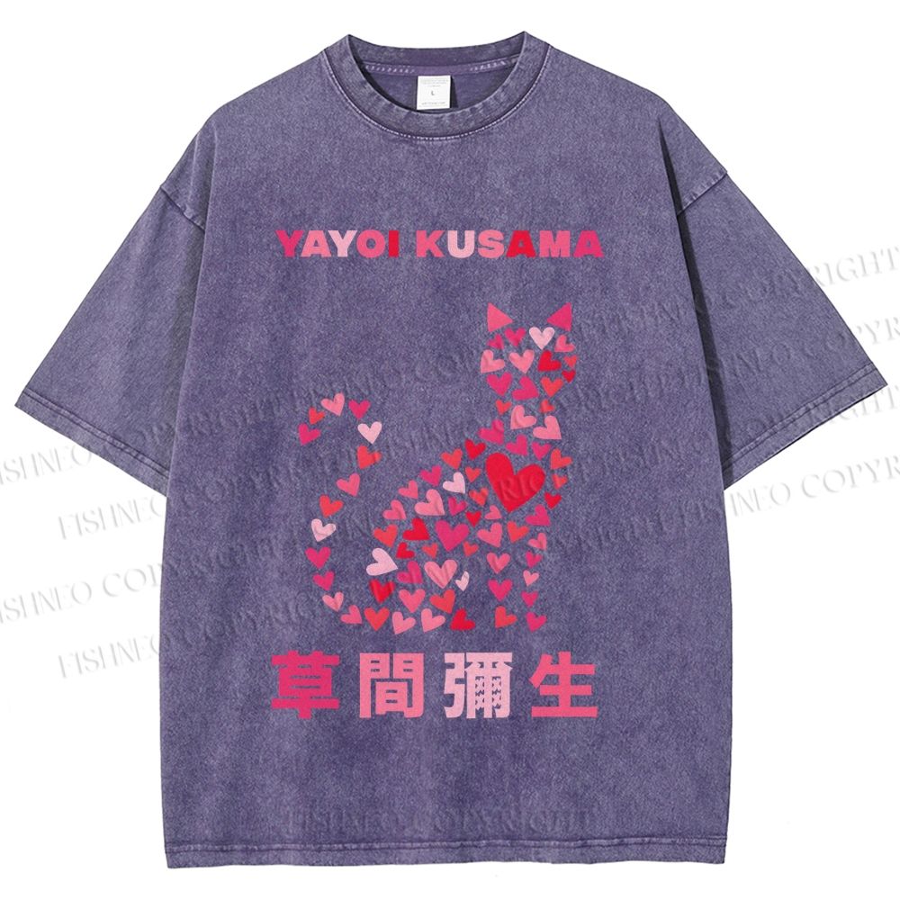 Unisex Yayoi Kusama Pink Cat With Hearts Printed Washed Tee
