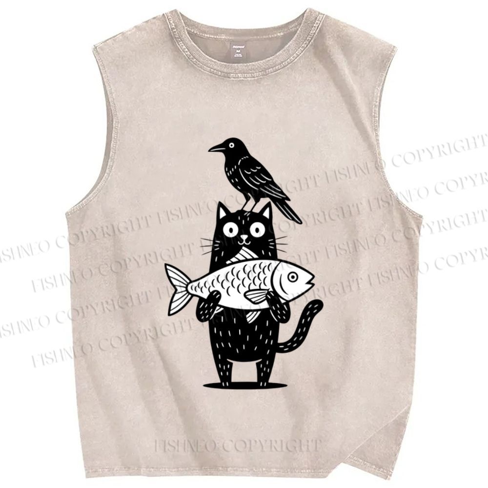 Unisex Bird Cat Fish Printed Washed Tank Top