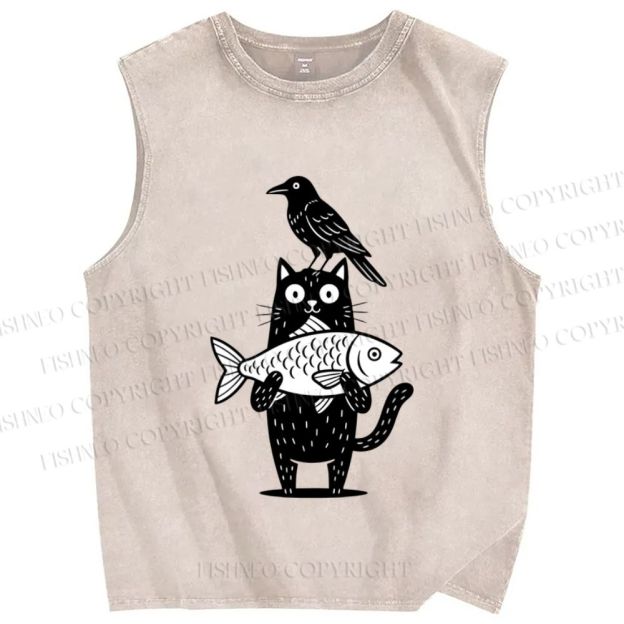 Unisex Bird Cat Fish Printed Washed Tank Top