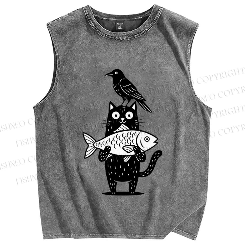 Unisex Bird Cat Fish Printed Washed Tank Top