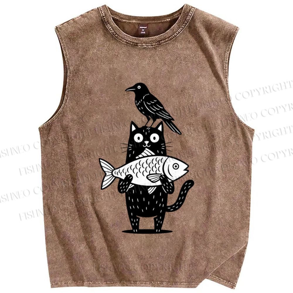 Unisex Bird Cat Fish Printed Washed Tank Top
