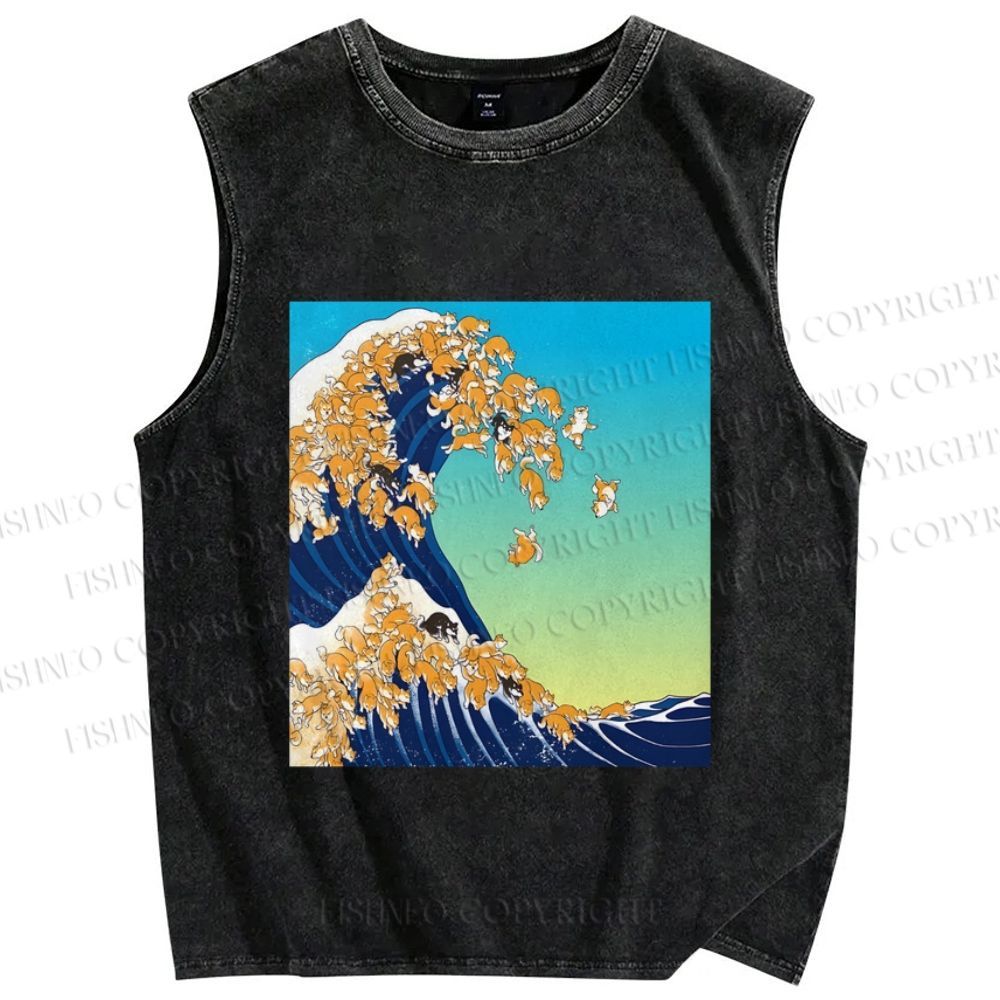 Unisex Japanese Ukiyo-e Wave Shiba Dog Printed Washed Tank Top