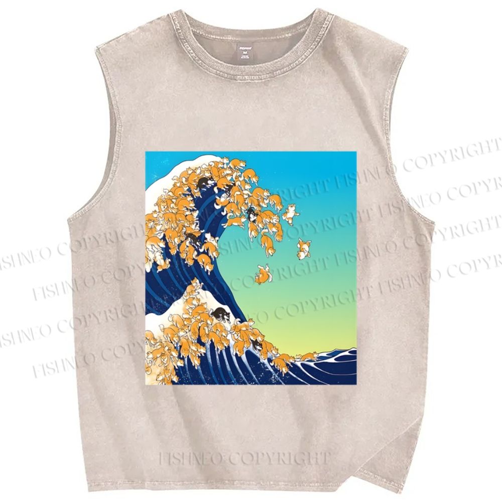Unisex Japanese Ukiyo-e Wave Shiba Dog Printed Washed Tank Top