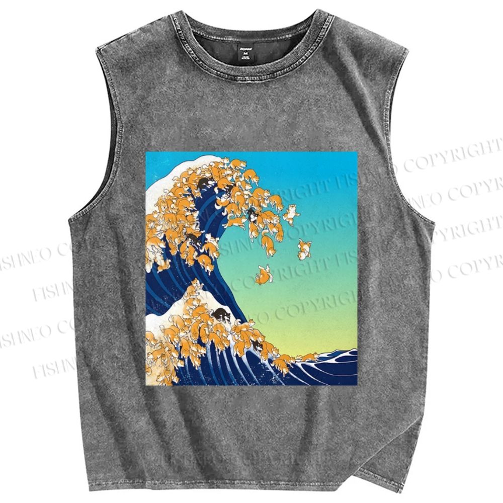 Unisex Japanese Ukiyo-e Wave Shiba Dog Printed Washed Tank Top