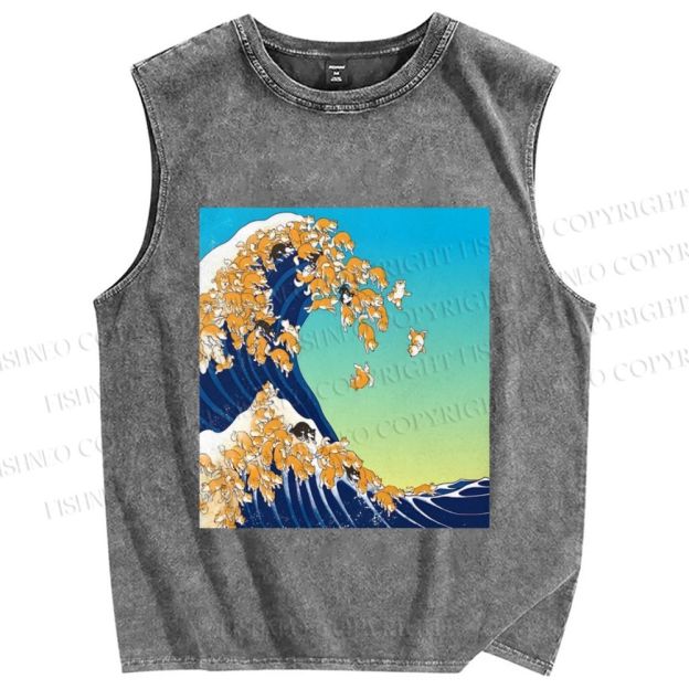 Unisex Japanese Ukiyo-e Wave Shiba Dog Printed Washed Tank Top