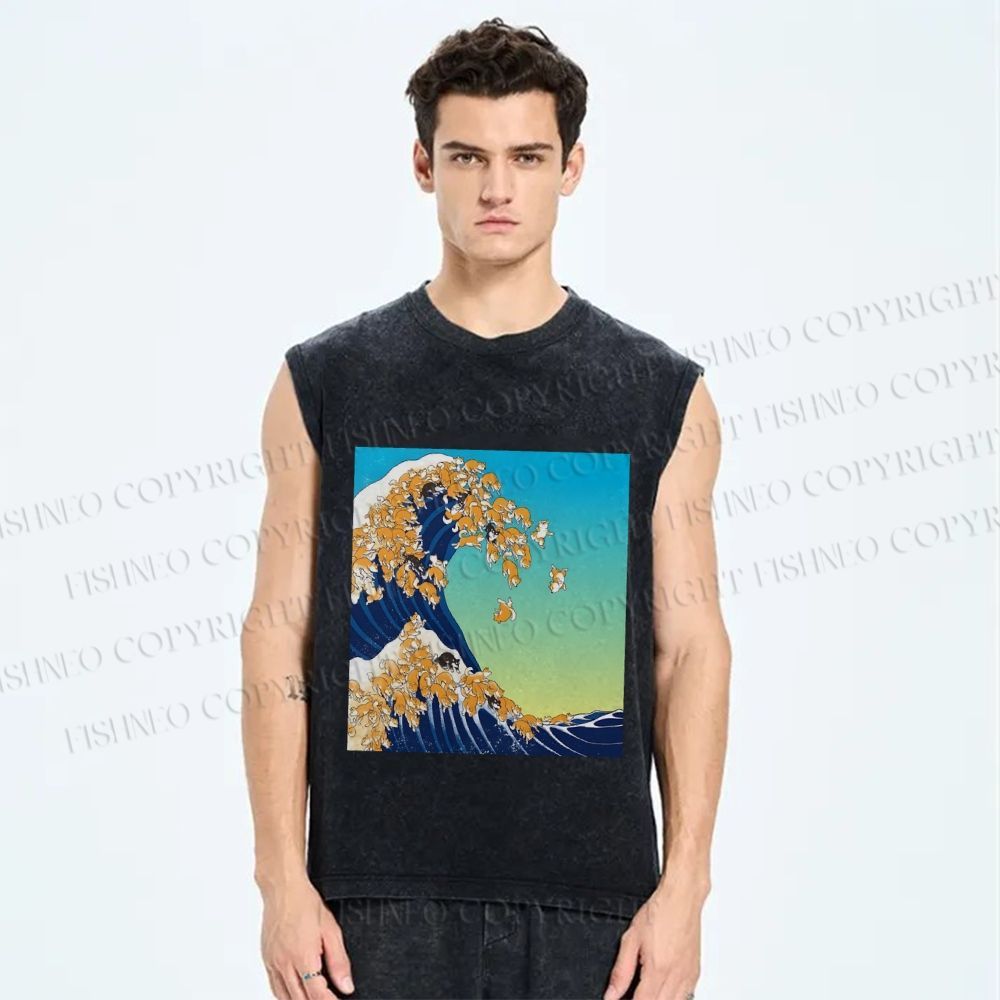 Unisex Japanese Ukiyo-e Wave Shiba Dog Printed Washed Tank Top