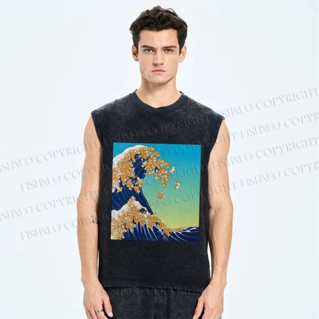 Unisex Japanese Ukiyo-e Wave Shiba Dog Printed Washed Tank Top