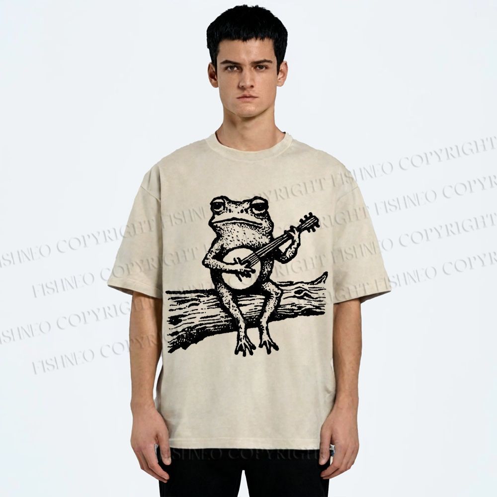 Unisex Banjo Frog Printed Washed Tee