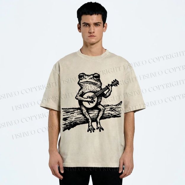 Unisex Banjo Frog Printed Washed Tee