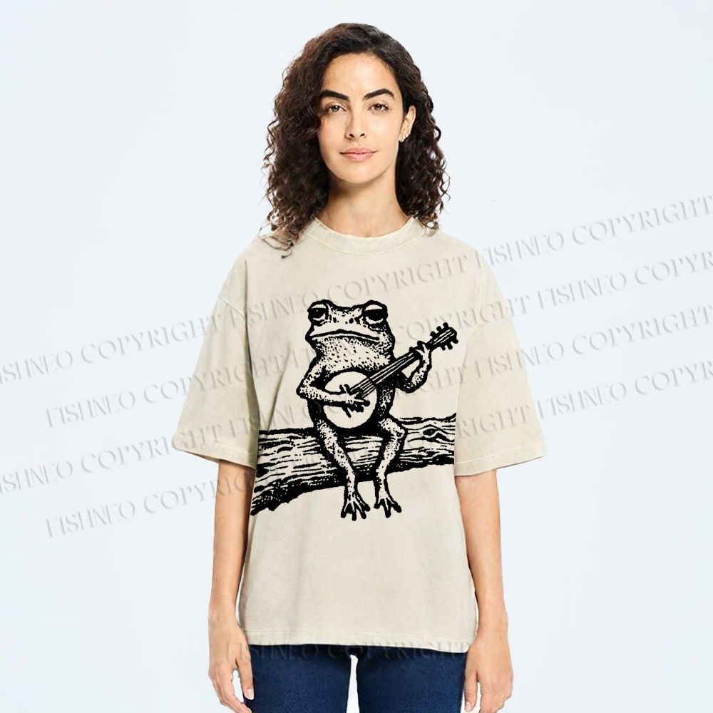 Unisex Banjo Frog Printed Washed Tee
