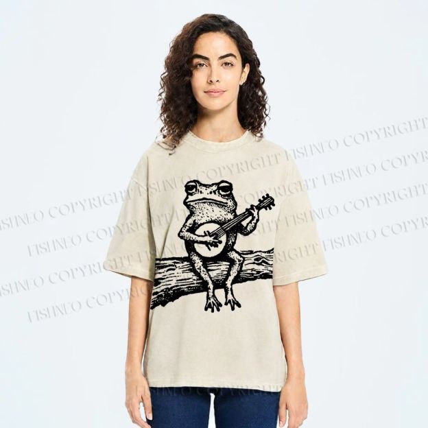 Unisex Banjo Frog Printed Washed Tee