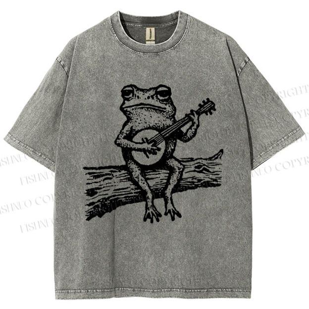 Unisex Banjo Frog Printed Washed Tee