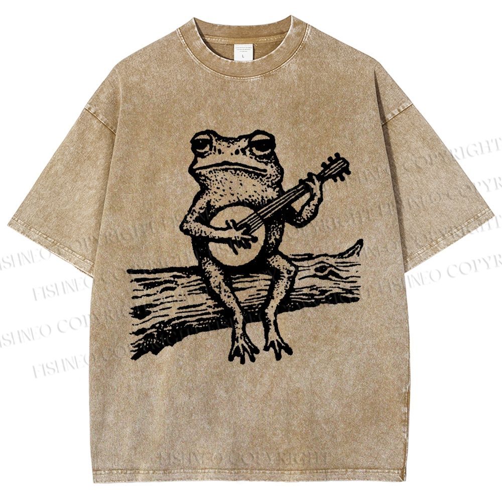 Unisex Banjo Frog Printed Washed Tee