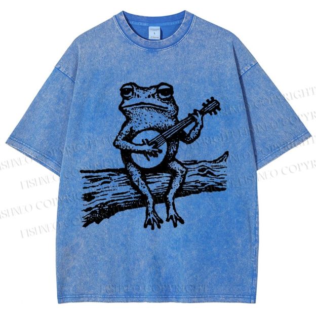 Unisex Banjo Frog Printed Washed Tee