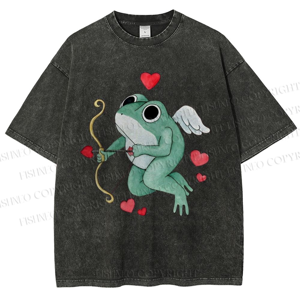 Unisex Valentine's Day Cupid Heart Frog Printed Washed Tee