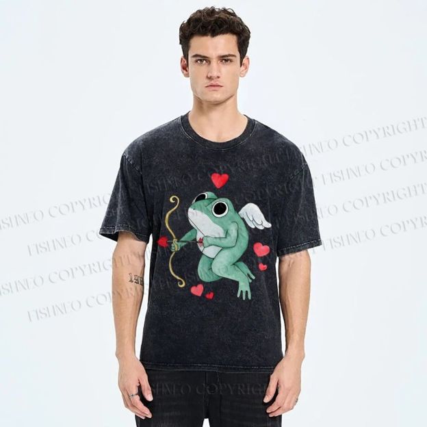 Unisex Valentine's Day Cupid Heart Frog Printed Washed Tee