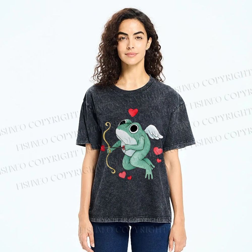 Unisex Valentine's Day Cupid Heart Frog Printed Washed Tee