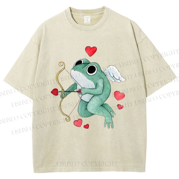 Unisex Valentine's Day Cupid Heart Frog Printed Washed Tee