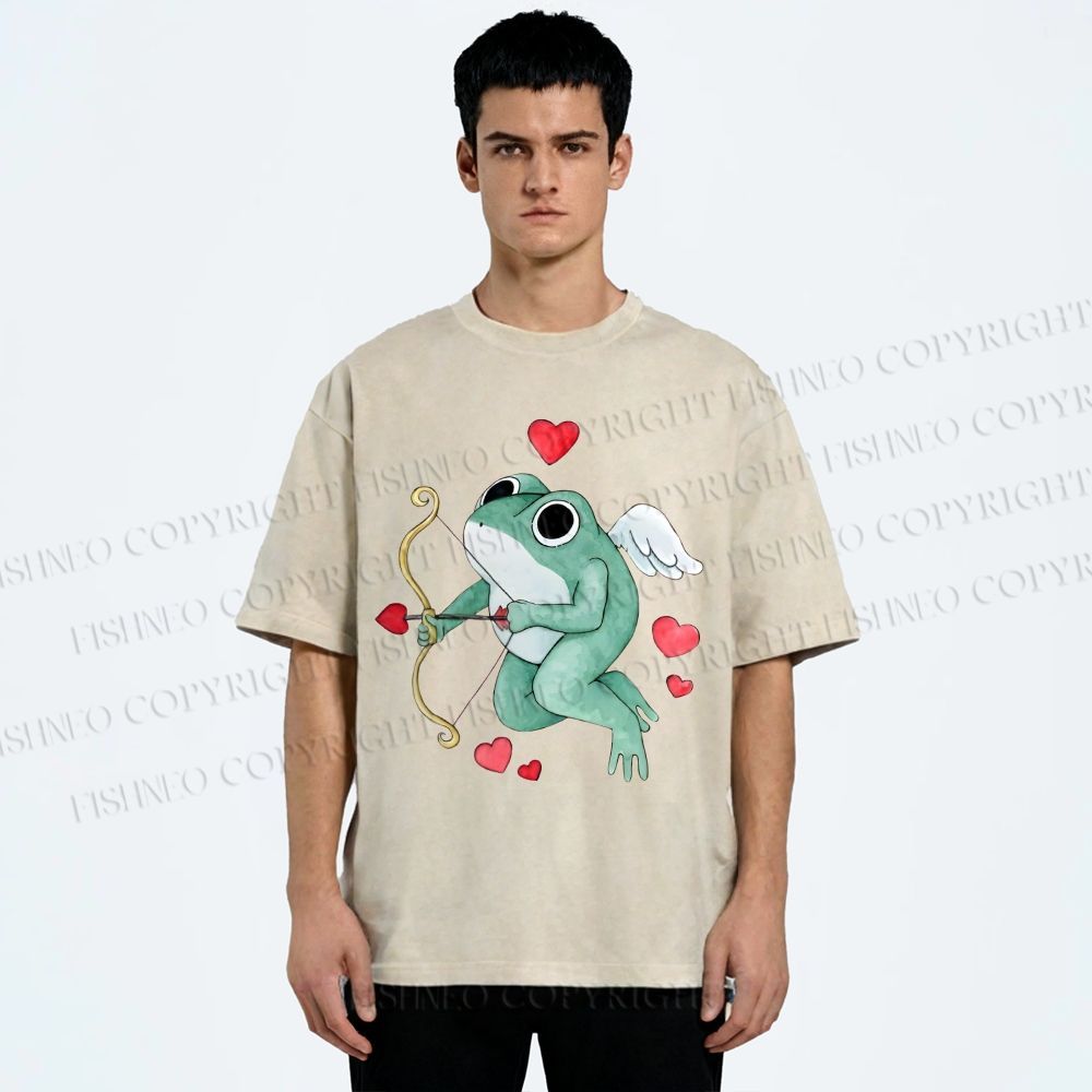 Unisex Valentine's Day Cupid Heart Frog Printed Washed Tee