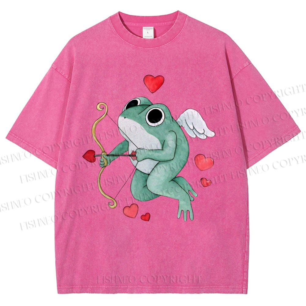 Unisex Valentine's Day Cupid Heart Frog Printed Washed Tee