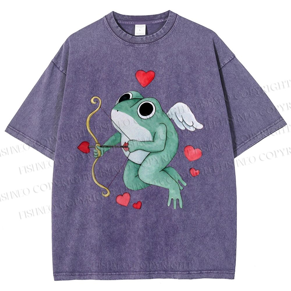 Unisex Valentine's Day Cupid Heart Frog Printed Washed Tee