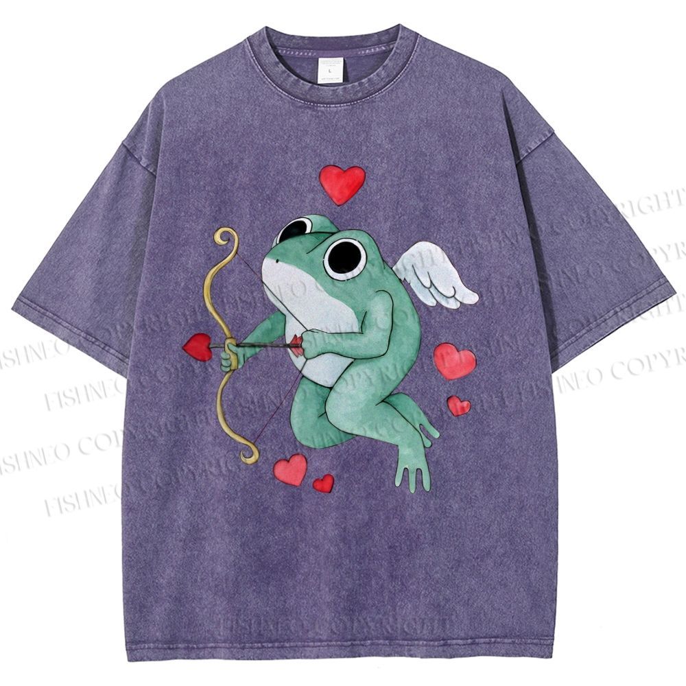 Unisex Valentine's Day Cupid Heart Frog Printed Washed Tee
