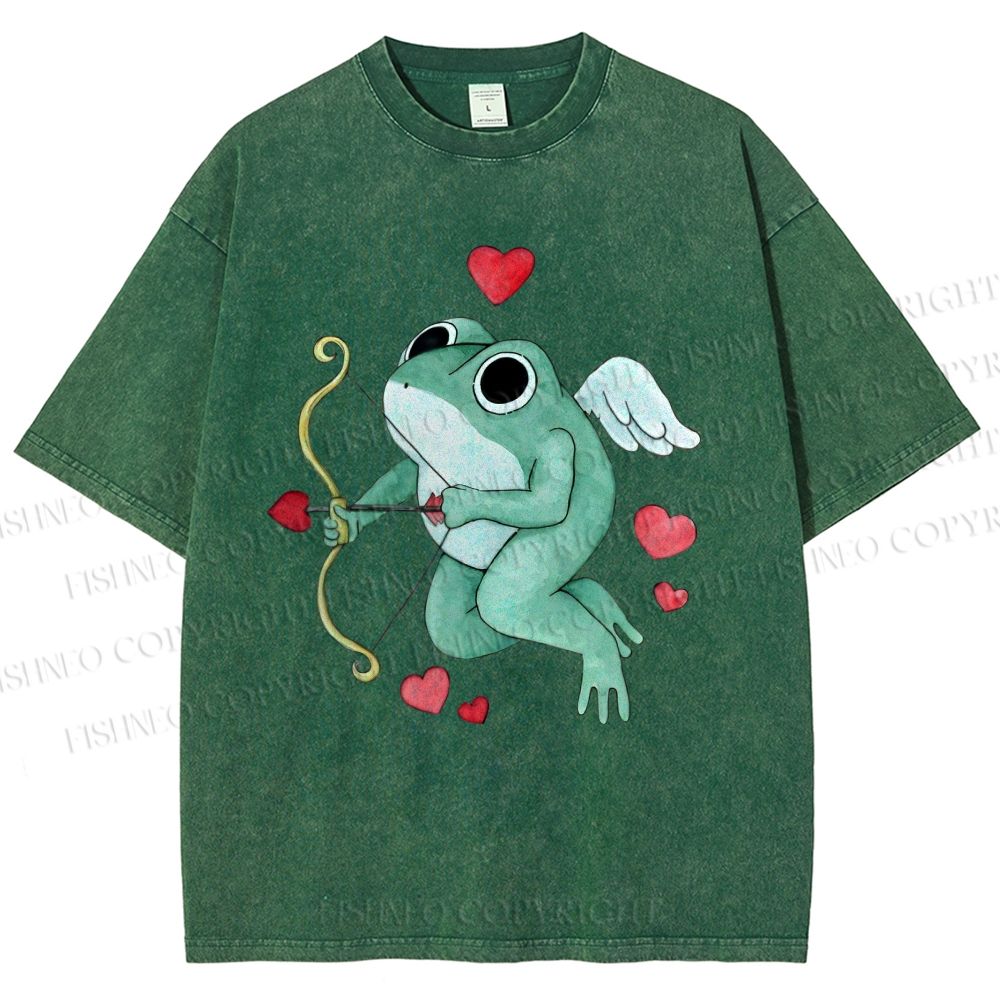 Unisex Valentine's Day Cupid Heart Frog Printed Washed Tee