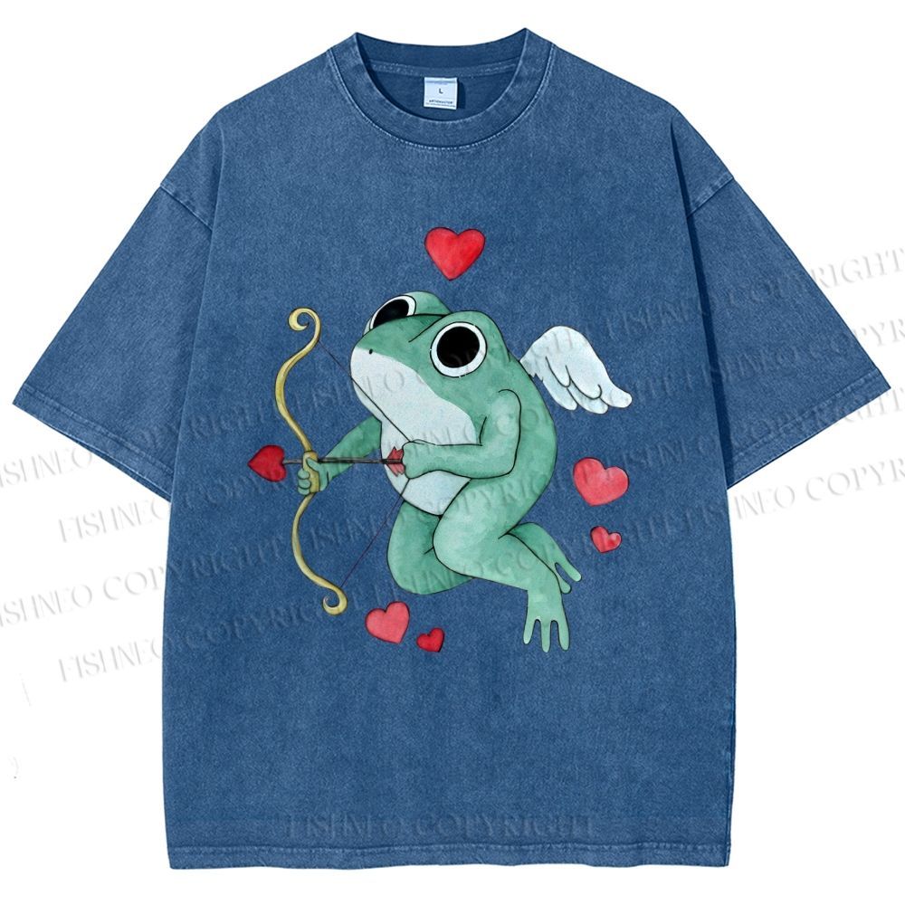 Unisex Valentine's Day Cupid Heart Frog Printed Washed Tee