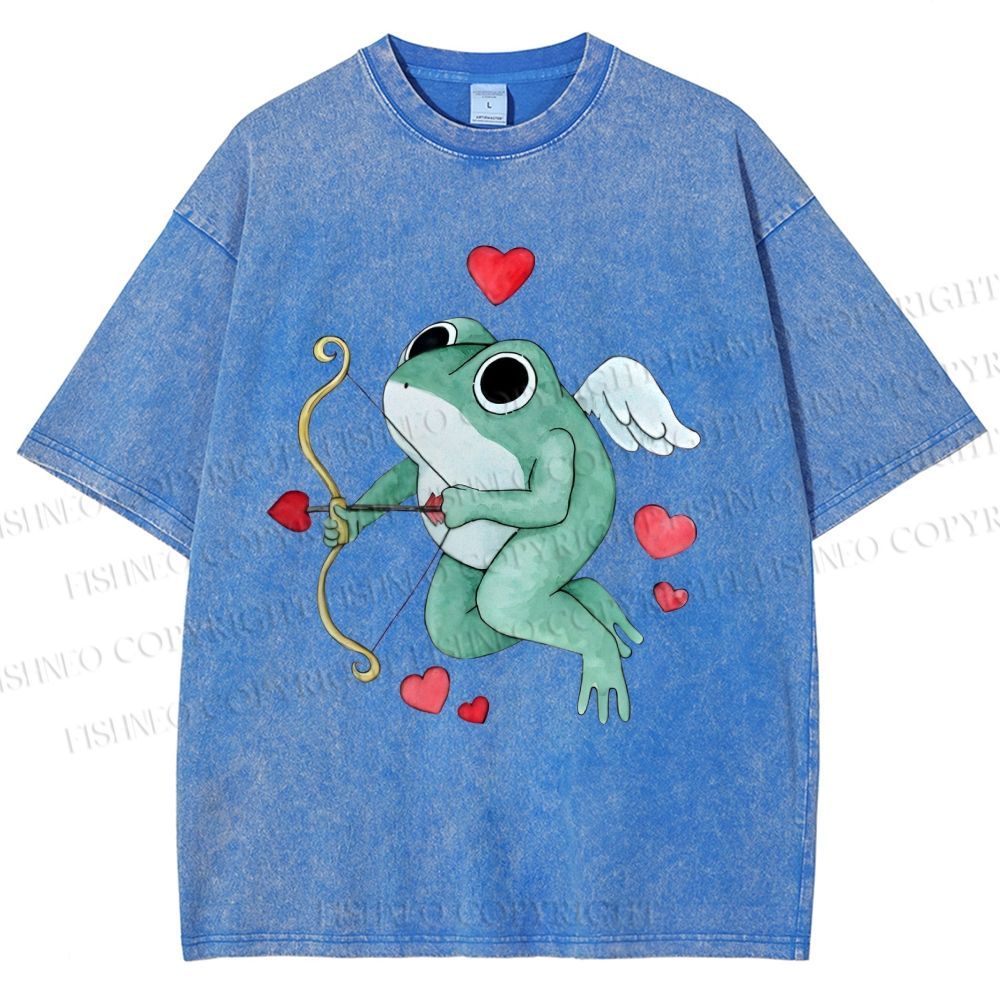 Unisex Valentine's Day Cupid Heart Frog Printed Washed Tee