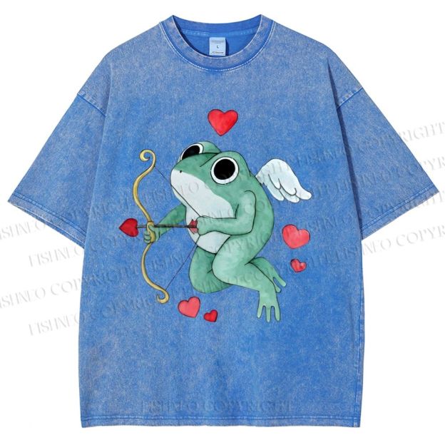 Unisex Valentine's Day Cupid Heart Frog Printed Washed Tee