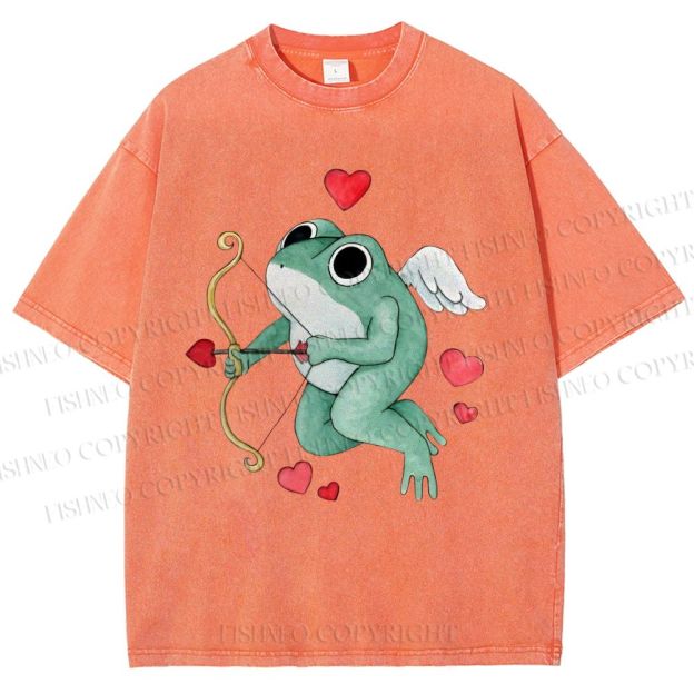 Unisex Valentine's Day Cupid Heart Frog Printed Washed Tee