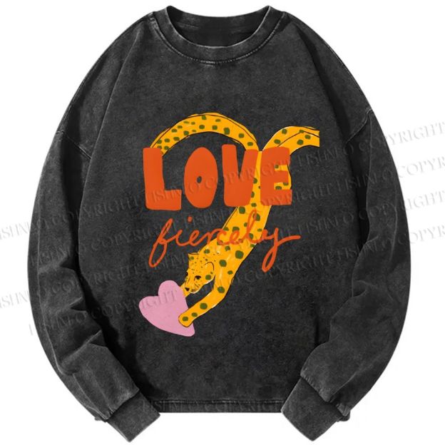 Unisex Casual Washed Funny Panther in Love Printed Long Sleeve T-shirt