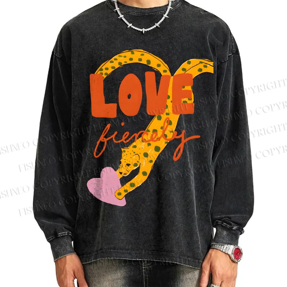 Unisex Casual Washed Funny Panther in Love Printed Long Sleeve T-shirt