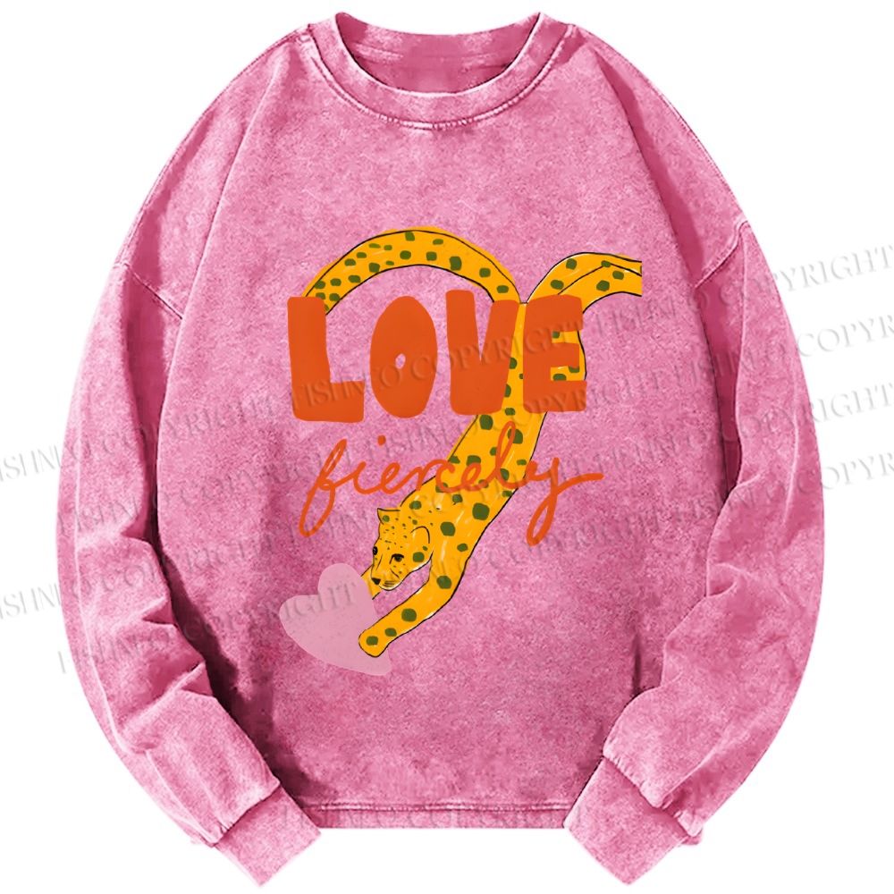 Unisex Casual Washed Funny Panther in Love Printed Long Sleeve T-shirt