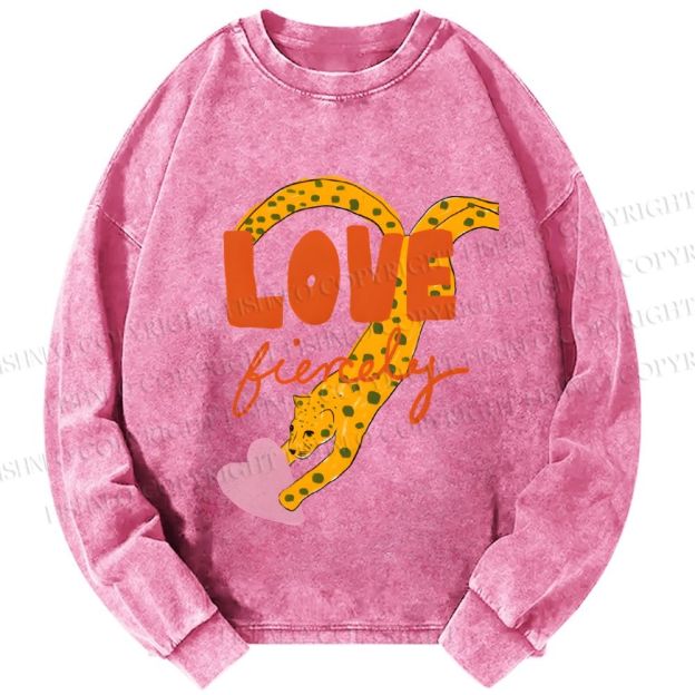 Unisex Casual Washed Funny Panther in Love Printed Long Sleeve T-shirt