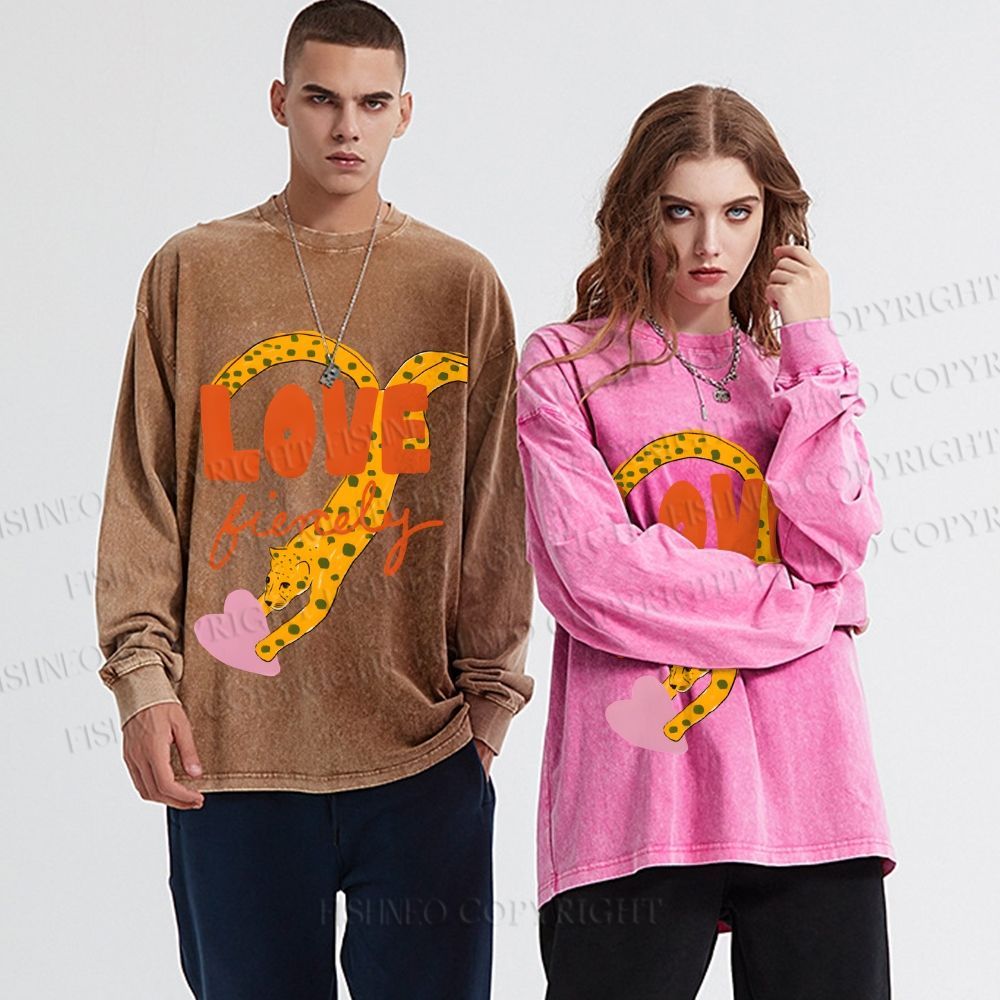 Unisex Casual Washed Funny Panther in Love Printed Long Sleeve T-shirt