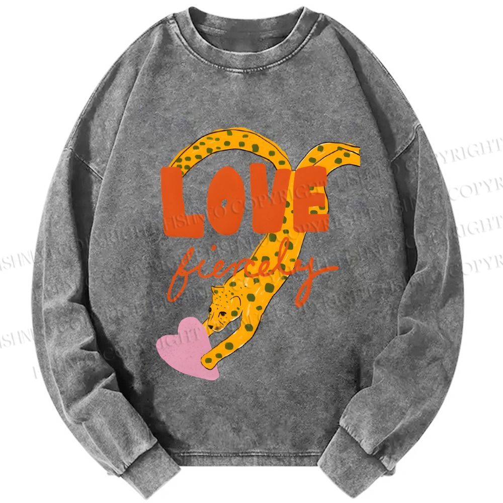 Unisex Casual Washed Funny Panther in Love Printed Long Sleeve T-shirt