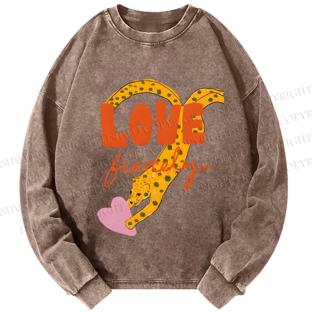 Unisex Casual Washed Funny Panther in Love Printed Long Sleeve T-shirt