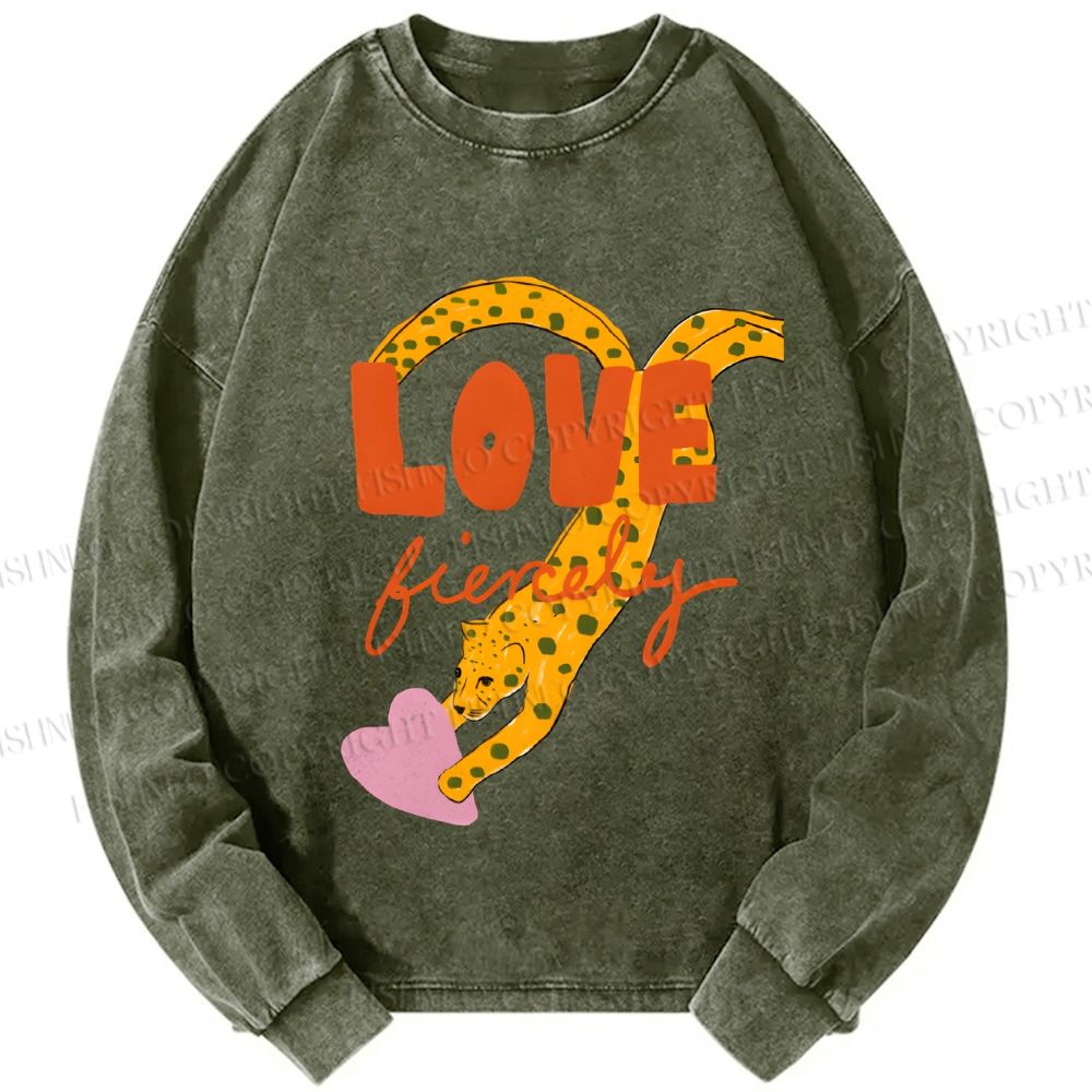 Unisex Casual Washed Funny Panther in Love Printed Long Sleeve T-shirt