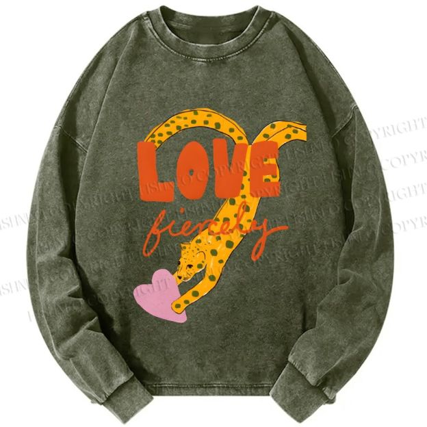 Unisex Casual Washed Funny Panther in Love Printed Long Sleeve T-shirt