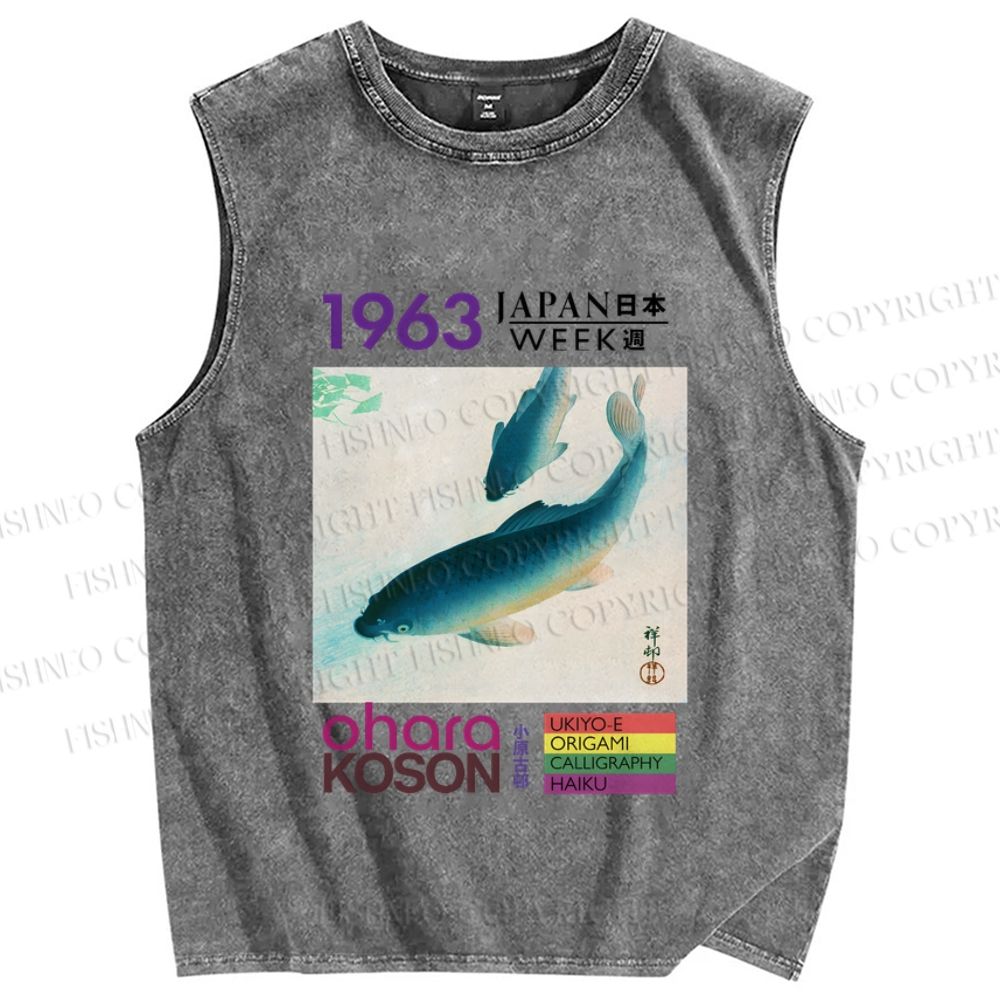 Unisex Blue Koi Fish Japan Week Printed Washed Tank Top