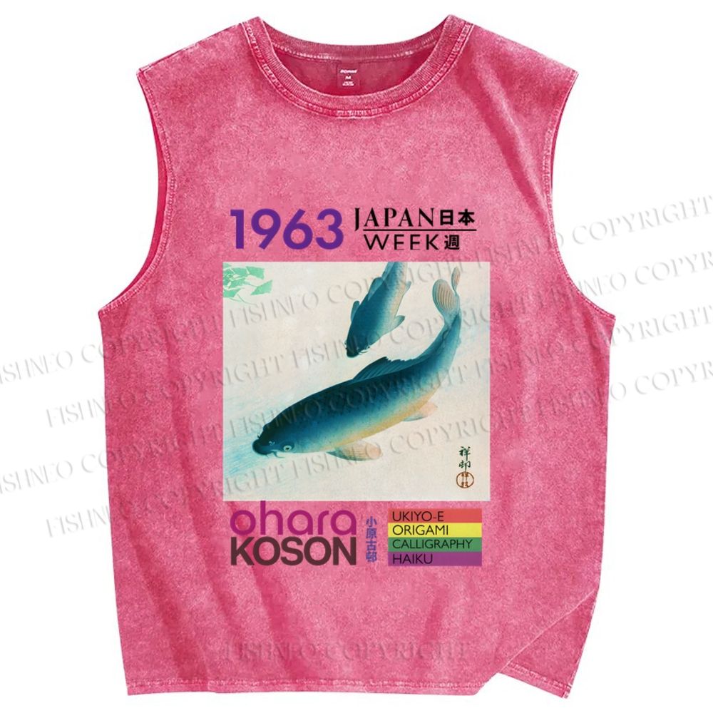 Unisex Blue Koi Fish Japan Week Printed Washed Tank Top