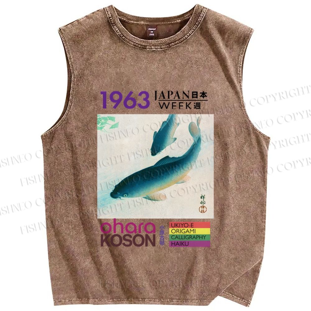 Unisex Blue Koi Fish Japan Week Printed Washed Tank Top