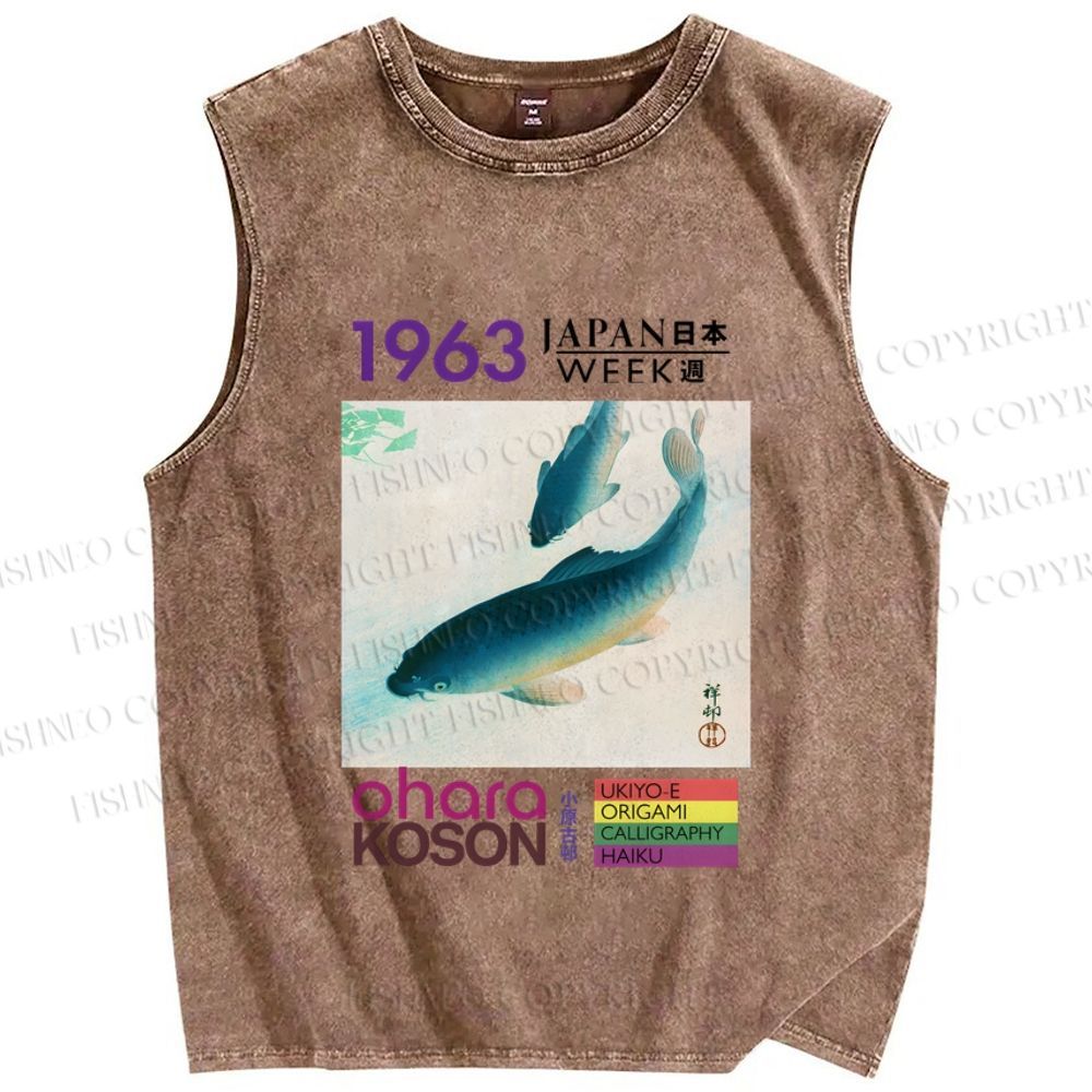 Unisex Blue Koi Fish Japan Week Printed Washed Tank Top