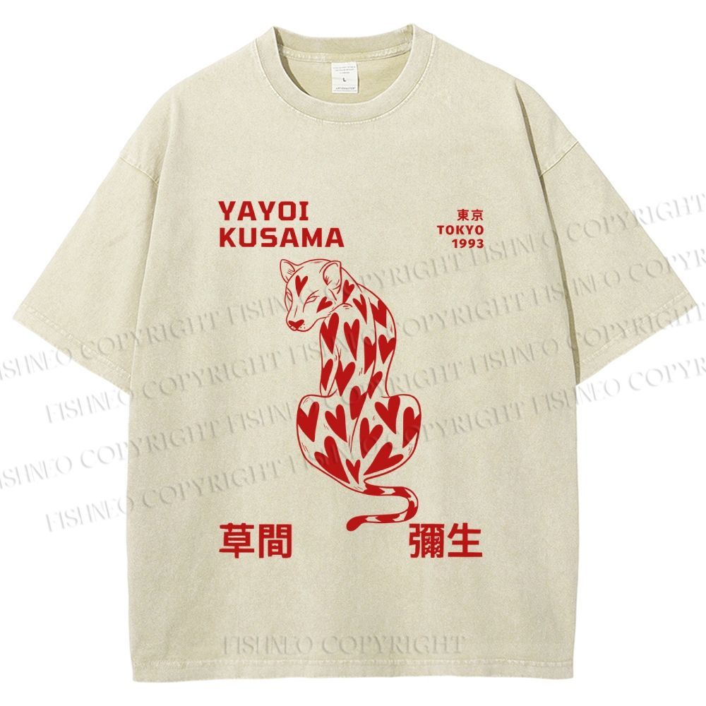 Unisex Yayoi Kusama Panther With Heart Printed Washed Tee