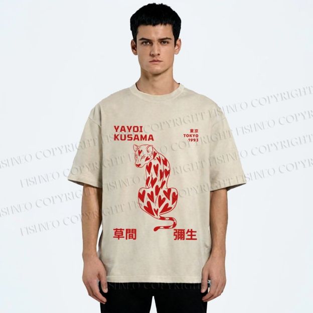 Unisex Yayoi Kusama Panther With Heart Printed Washed Tee