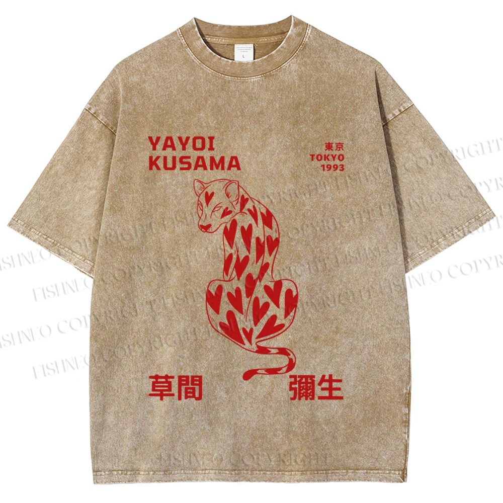 Unisex Yayoi Kusama Panther With Heart Printed Washed Tee