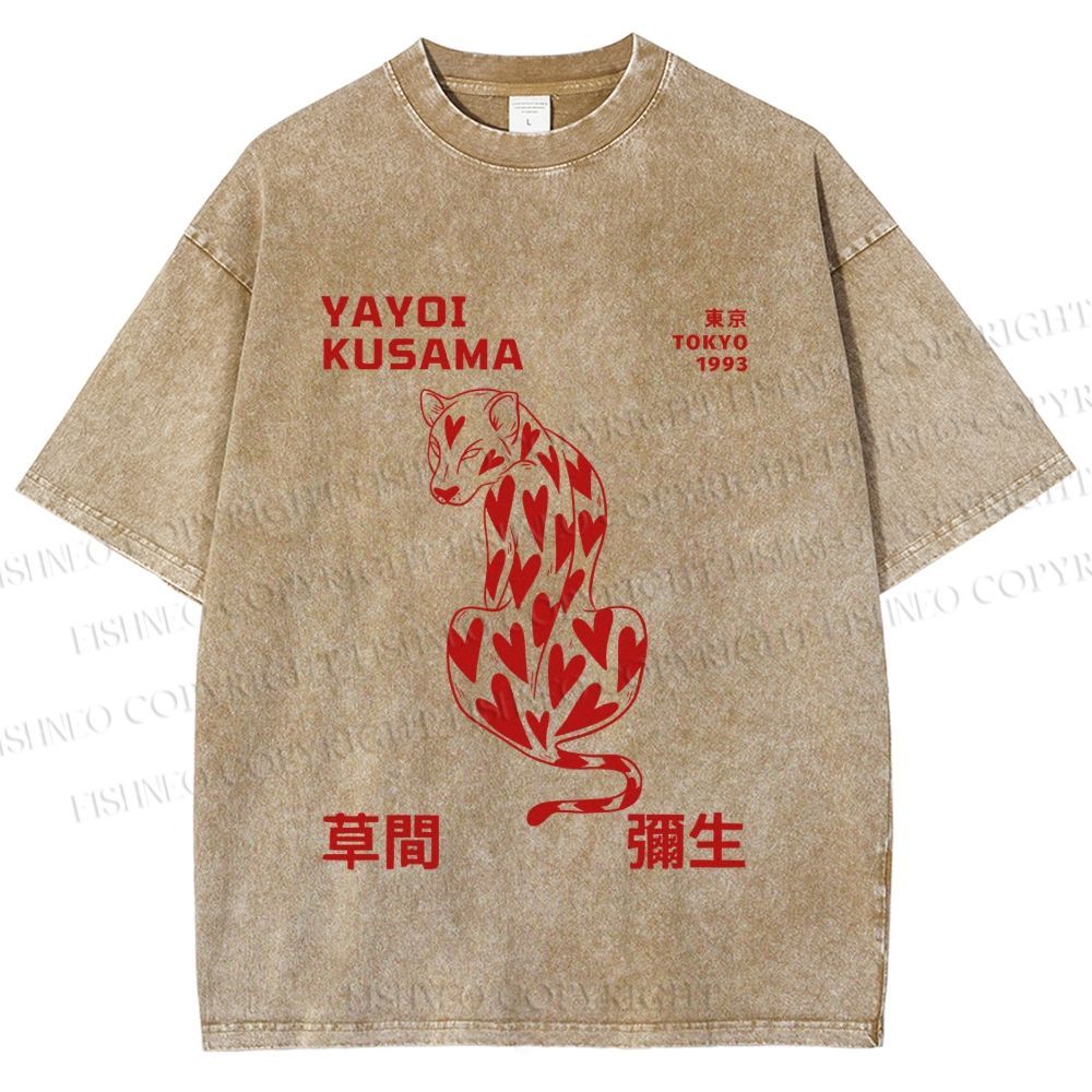 Unisex Yayoi Kusama Panther With Heart Printed Washed Tee
