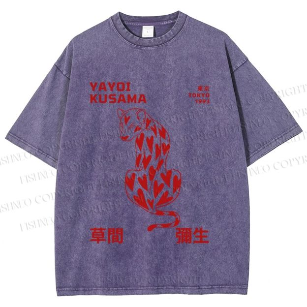 Unisex Yayoi Kusama Panther With Heart Printed Washed Tee
