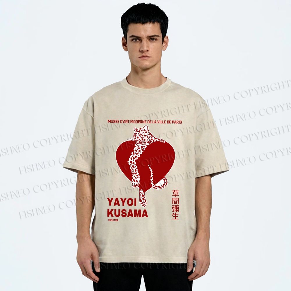 Unisex Yayoi Kusama Panther With Heart Printed Washed Tee